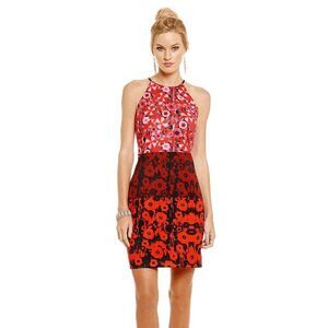 Belle BADGLEY MISCHKA Dress Sz 8 Red Pink‎ Print Halter Dress Bodycon Old Money